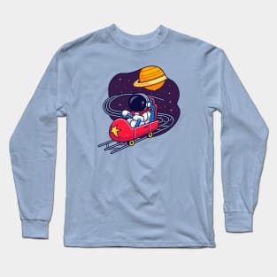 Cute Astronaut Riding Rollercoster In Space Cartoon Long Sleeve T-Shirt